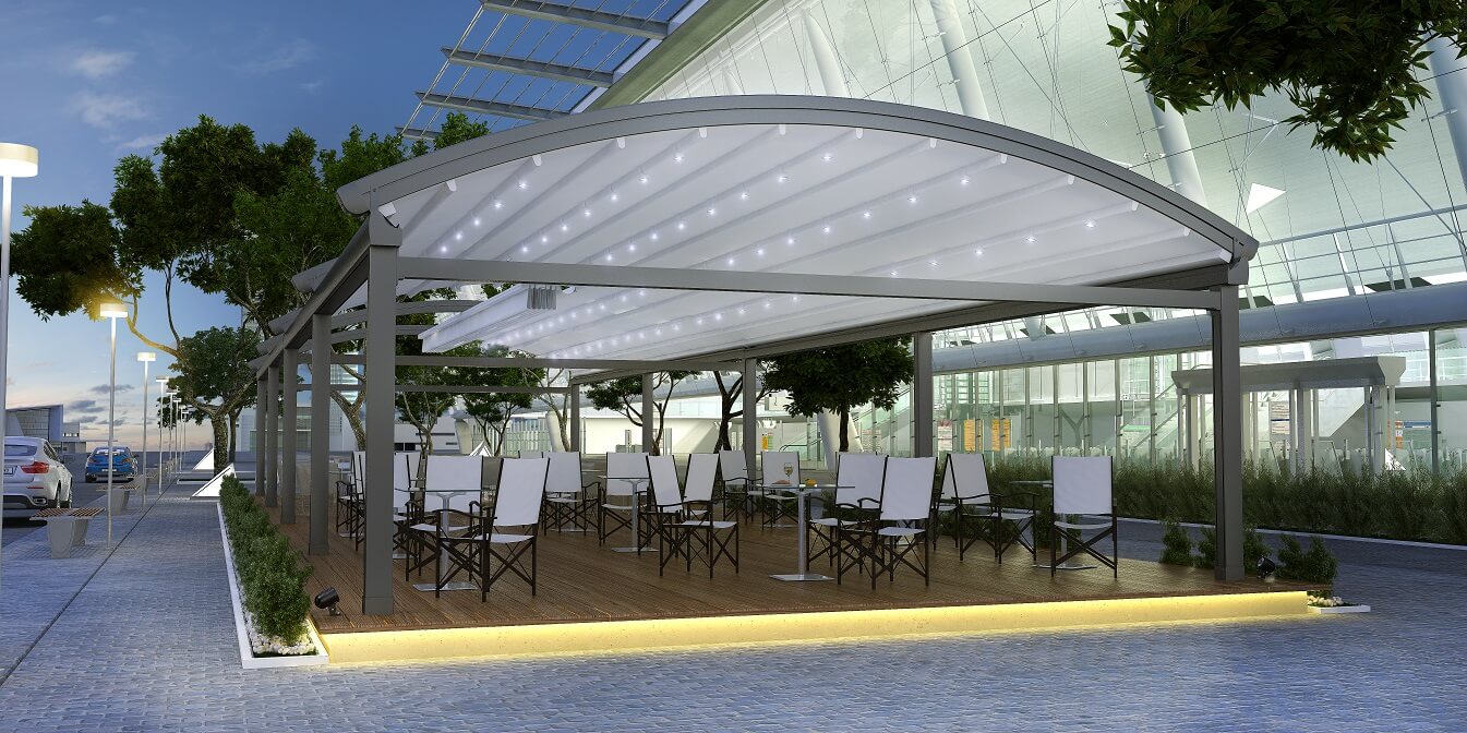 curved freestanding commercial retractable pergola roof cover