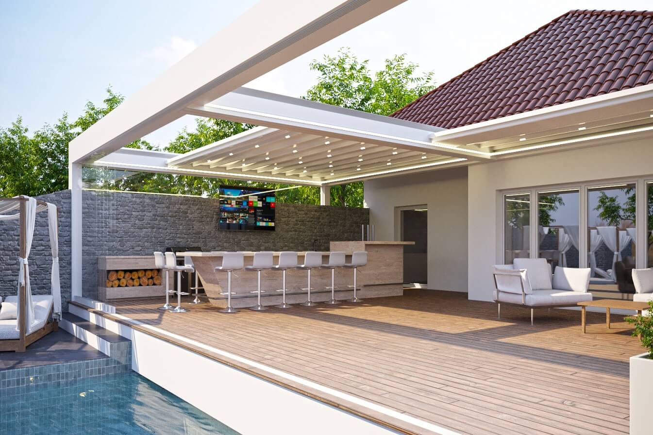 residential retractable motorized attached pergola roof cover
