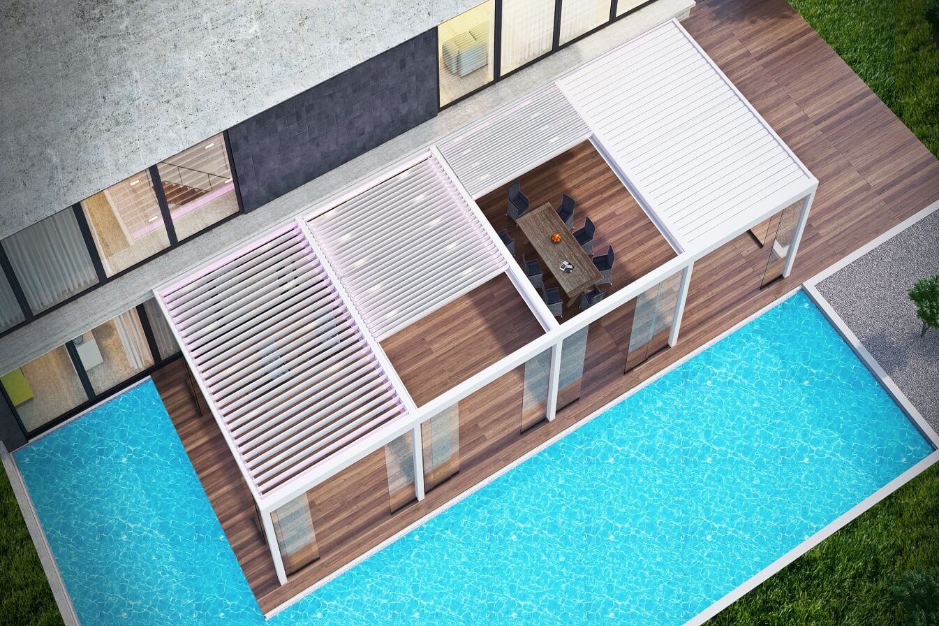 Overhead view of multiple louvered roof systems protecting an outdoor dining space