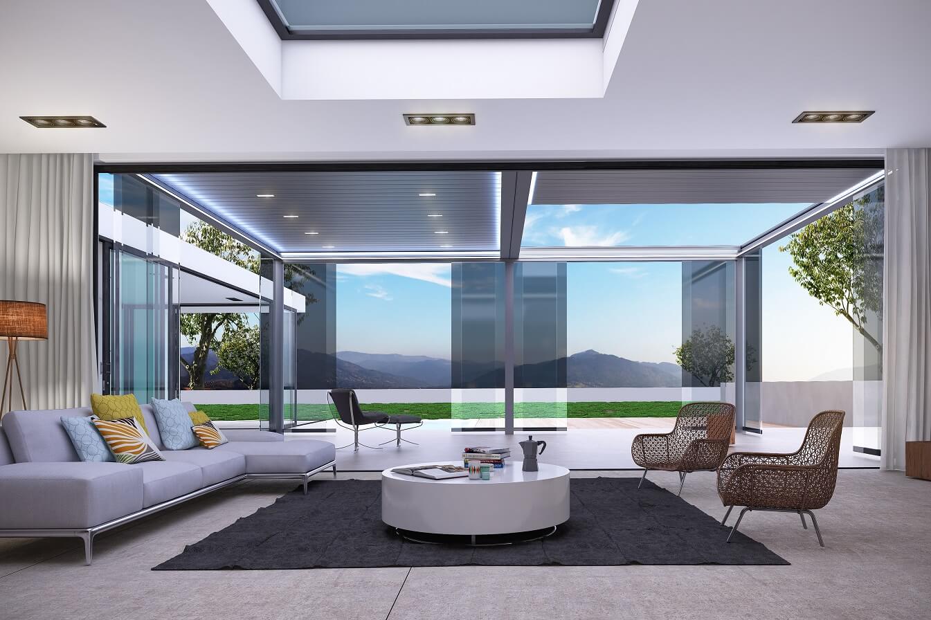 A retractable louvered roof-protected outdoor room with large frameless sliding glass doors