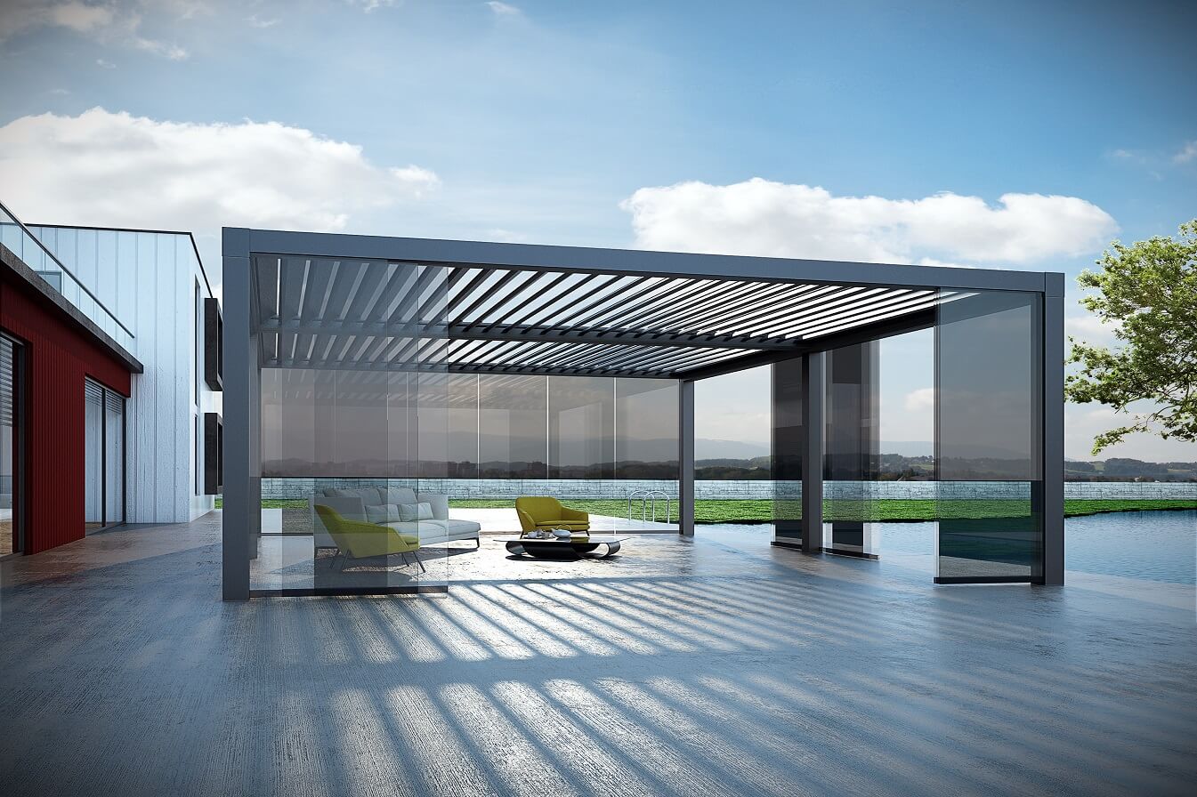 A standalone or free-standing grey pergola with a rotating louvered motorized roof.