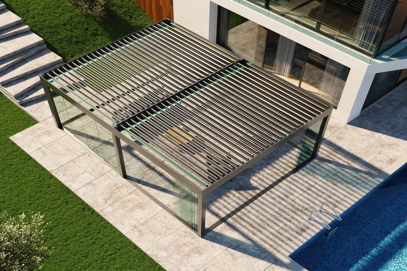 A pergola with an open rotating louver roof