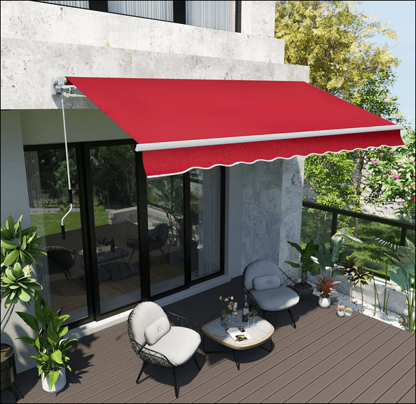 Solid red retractable manual awning