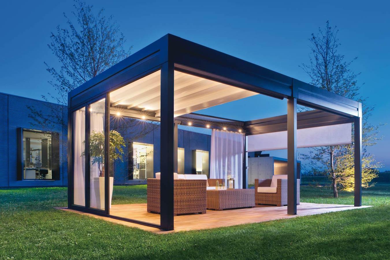 Outdoor free-standing retractable roof pergola with lights and furniture
