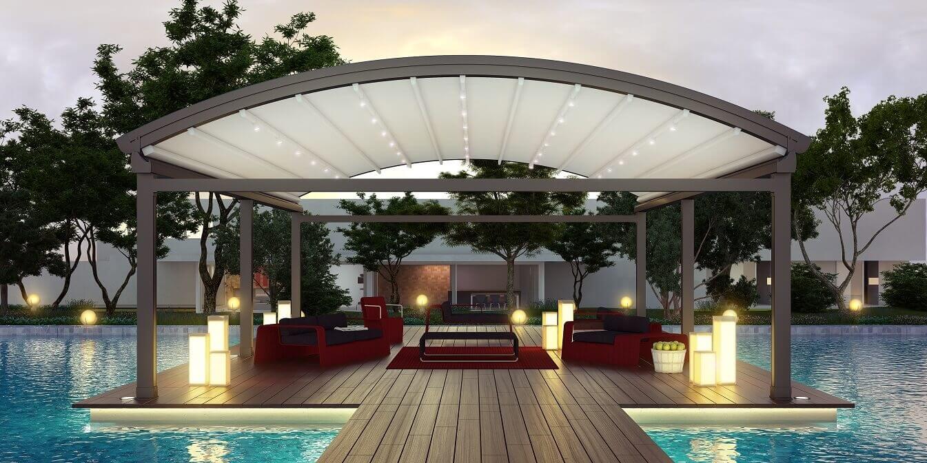 Curved freestanding residential retractable pergola roof cover