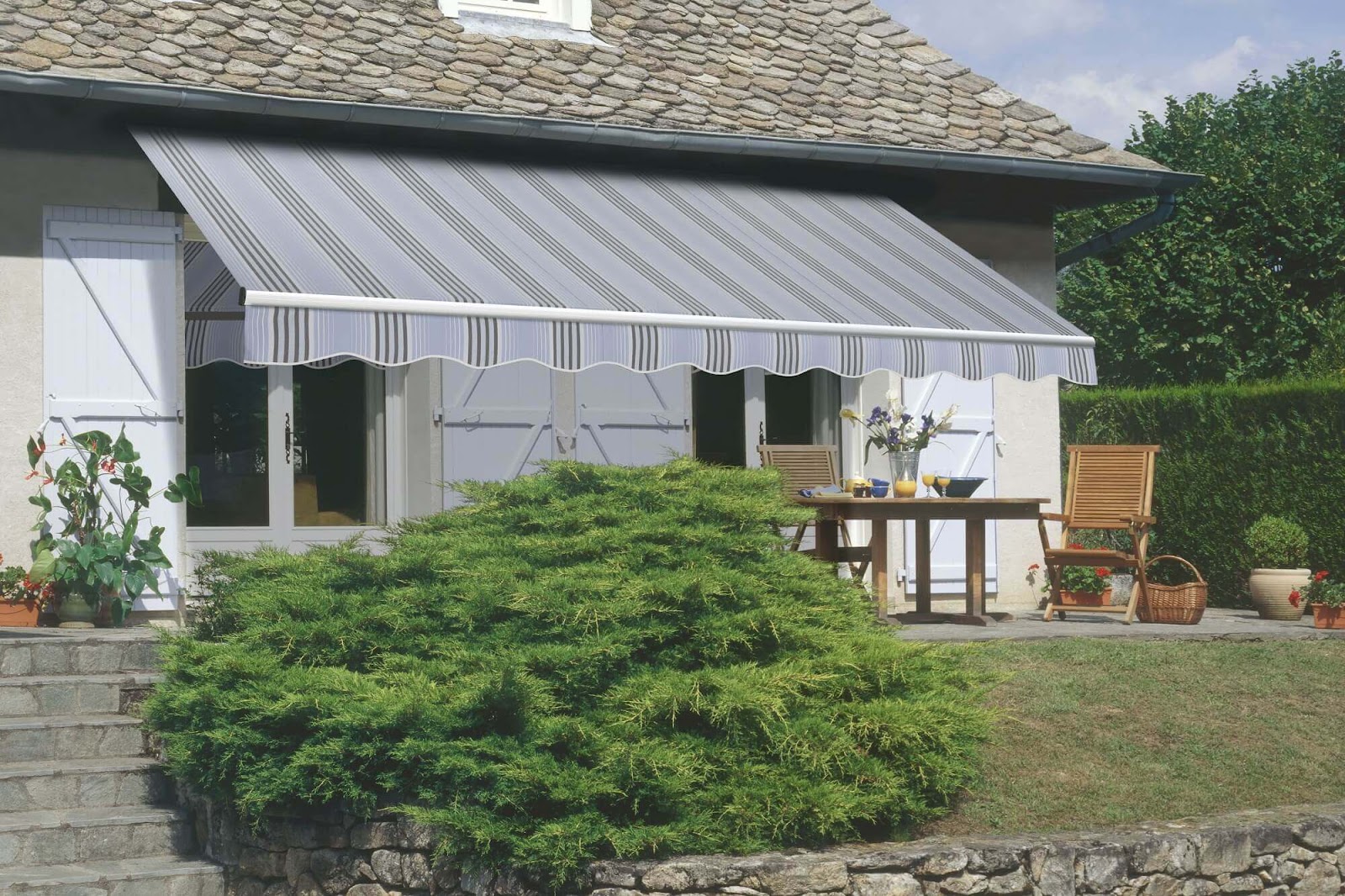 Grey striped retractable awning