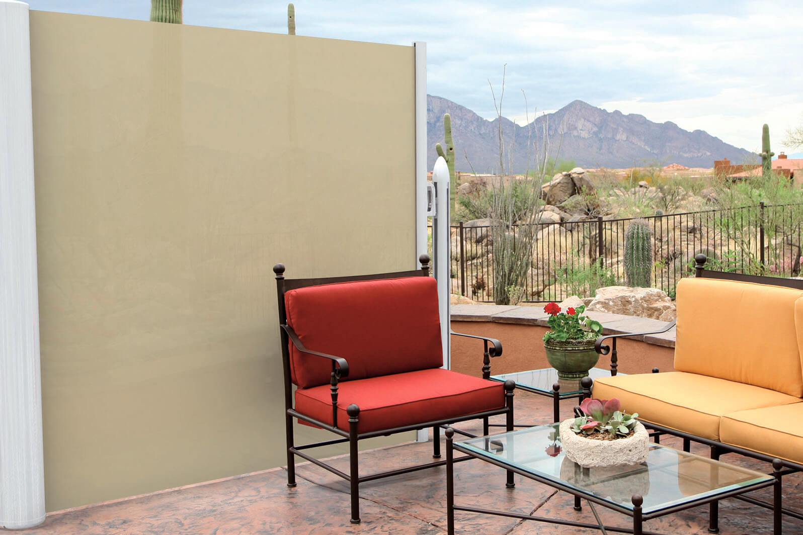 Horizontal beige windscreen on a porch overlooking the desert