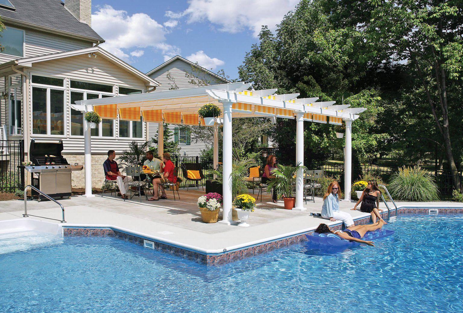 White pergola with pillars by a swimming pool